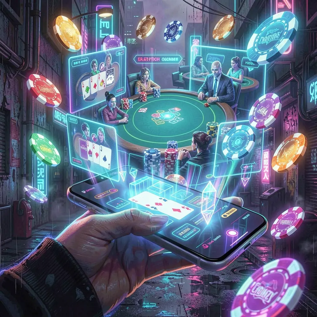 Futuristic casino app interface with glowing coins and digital effects showing fast and secure gameplay on DIAMONDJL
