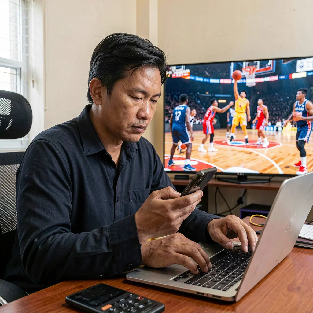DIAMONDJL Bet – Place smart sports bets anytime in the Philippines Focused Filipino sports bettor using a laptop and smartphone at home while watching live basketball highlights and placing bets on DIAMONDJL