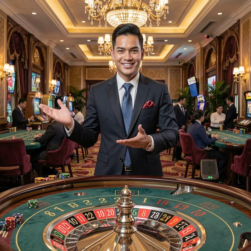 DIAMONDJL – Step into a premium live casino experience for players in the Philippines Smiling live casino dealer in a stylish suit presenting a roulette table in a glamorous studio atmosphere on DIAMONDJL for players in the Philippines