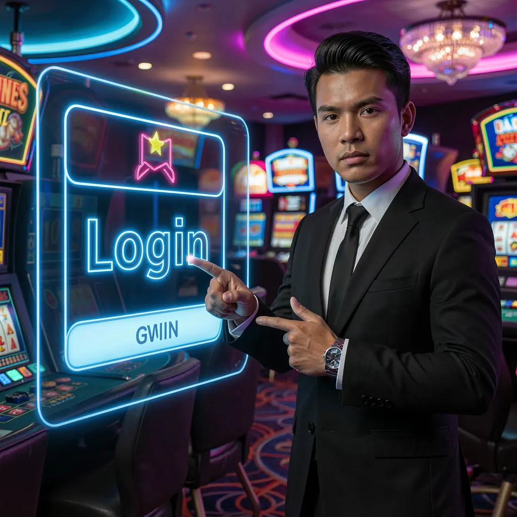 Professional Filipino casino dealer pointing at a glowing digital login interface inside a modern casino atmosphere representing secure access at DIAMONDJL Philippines